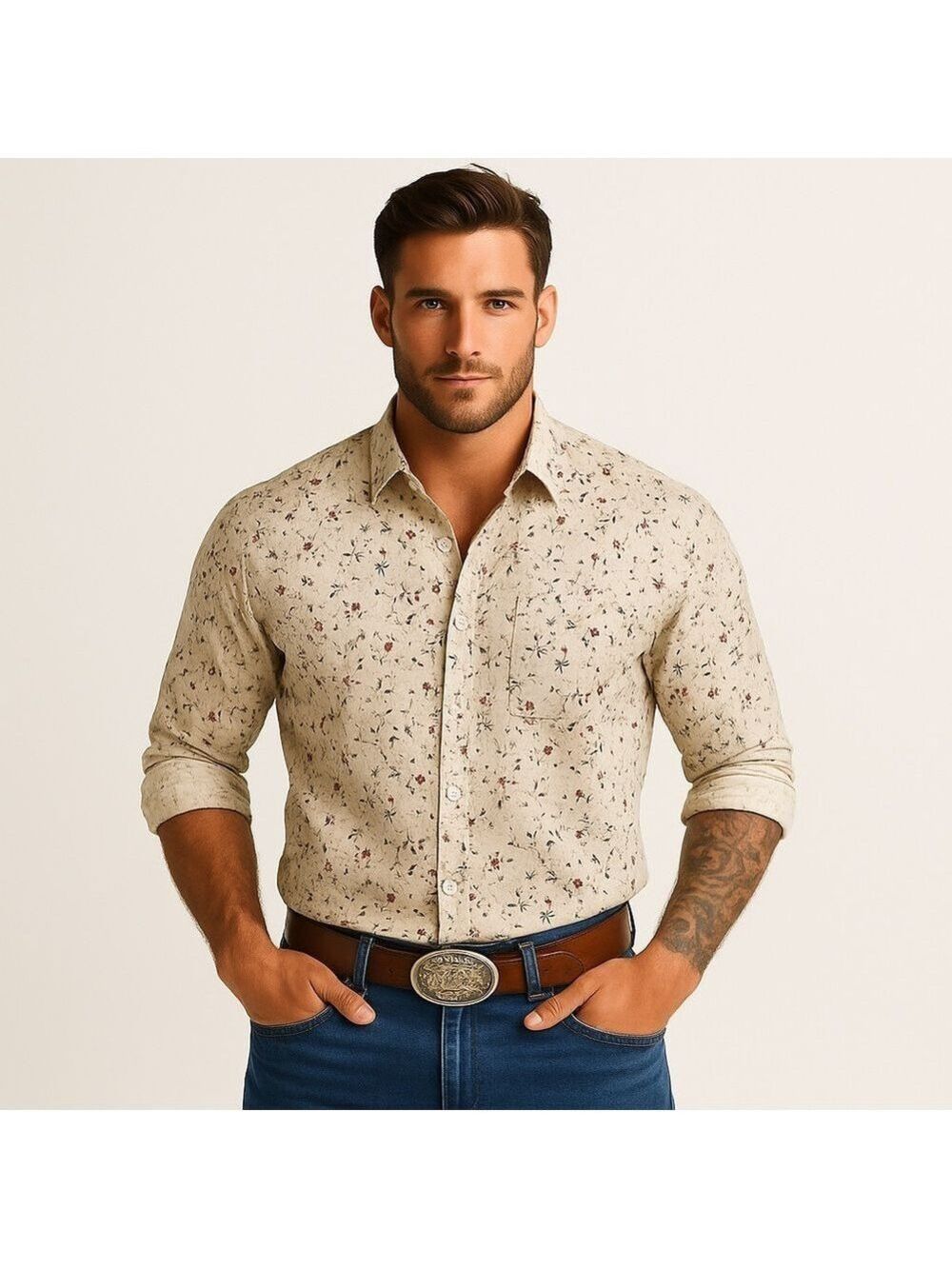 NoCode Floral Long Sleeve pure Linen &cotton in Large ecru white Button-Up Shirt